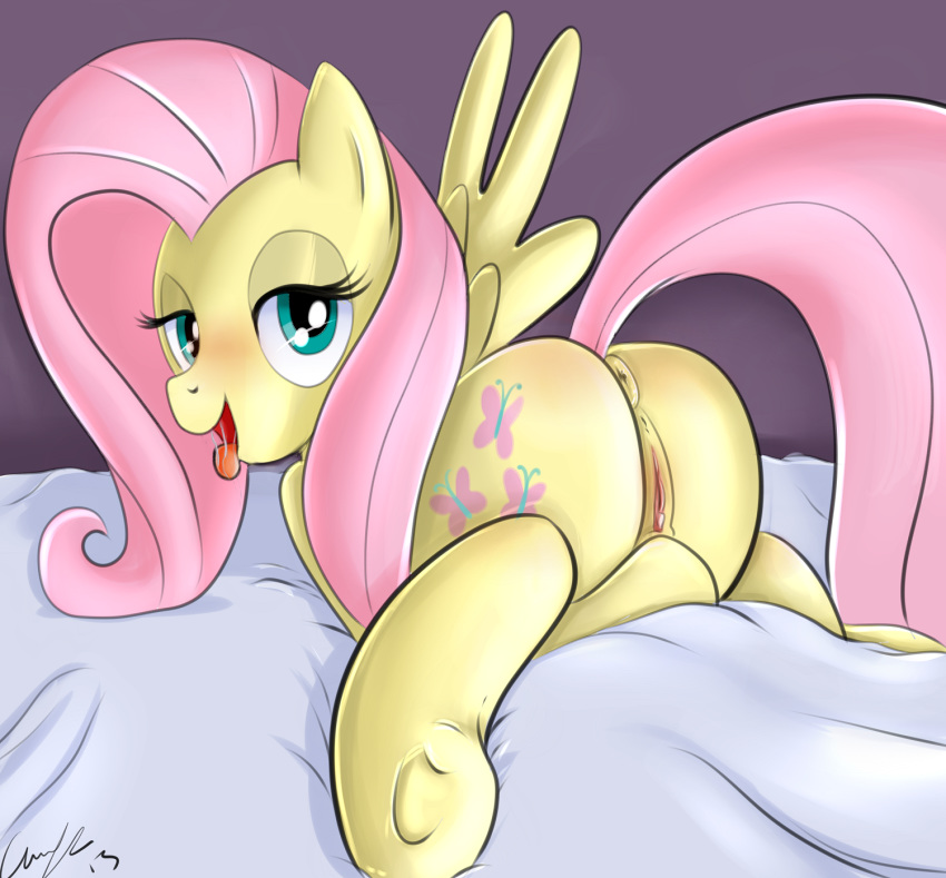 2013 anus ass bedroom_eyes cutie_mark equine female feral fluttershy_(mlp) friendship_is_magic fur green_eyes hair half-closed_eyes hi_res horse long_hair looking_at_viewer lying matimus91 my_little_pony on_front open_mouth pegasus pink_hair pony pussy saliva solo wings yellow_fur