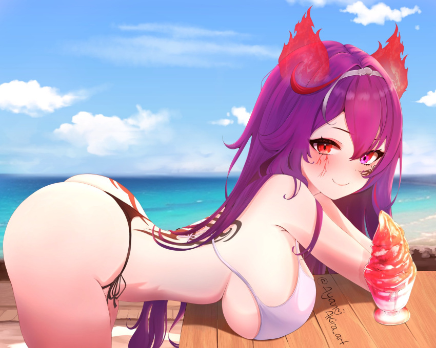 1girls 2d 2d_(artwork) ass ayano_akira beach big_breasts bikini bikini_bottom bikini_top black_bikini_bottom black_thong blush bra clouds day female female_focus female_only heterochromia hourglass_figure latam_virtual_youtuber light-skinned_female light_skin long_hair looking_at_viewer mai_noboshi ocean outdoors purple_eye purple_hair red_eye revealing_swimsuit side_view sideboob sky slim_girl smiling smiling_at_viewer solo solo_female solo_focus summer swimsuit tattoos thong thong_bikini two_piece_swimsuit virtual_youtuber vjin vtuber vtuberfanart water white_bikini_top young younger_female