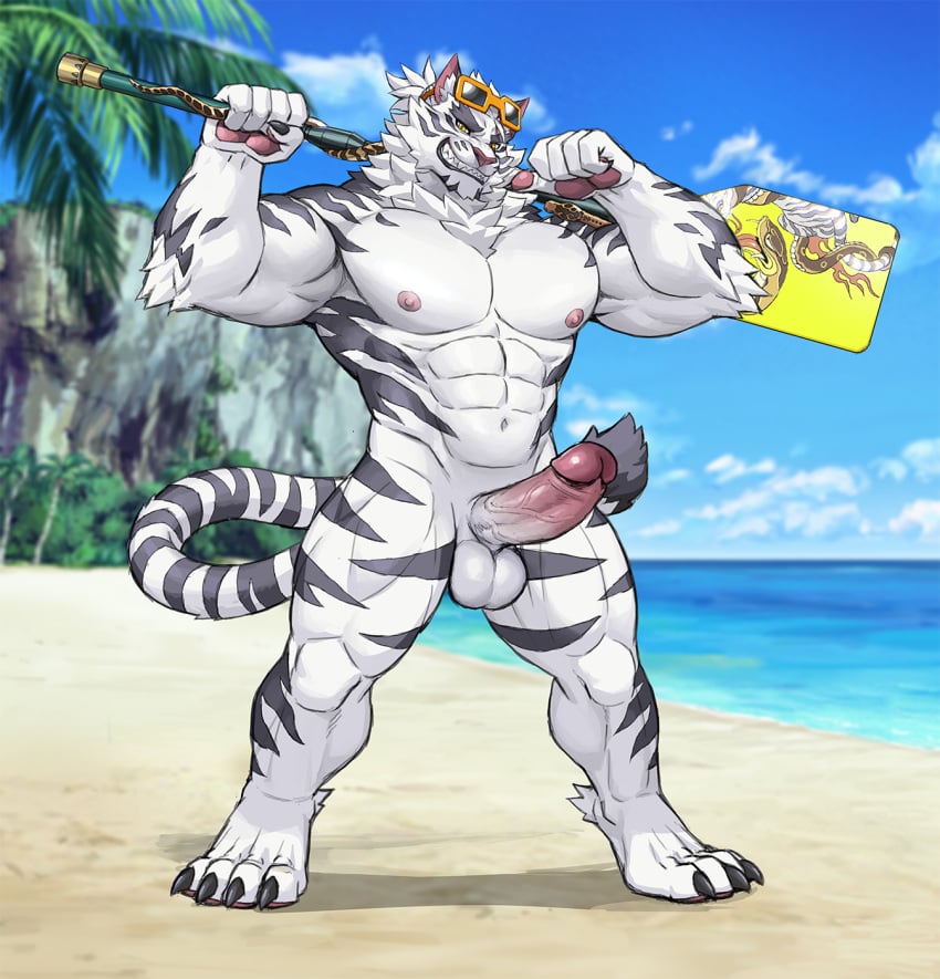 2024 anthro balls beach biceps big_balls big_penis blue_sky confident_male day detailed_background dislyte erection eyewear eyewear_on_head eyewear_only felid fur genitals grey_stripes hi_res holding_paddle humanoid_genitalia humanoid_penis jin_qiu_(dislyte) lilith_games male male_only mammal muscular muscular_male nipples nude orange_eyes outside pantherine pecs penis pink_nipples presenting rossciaco seaside sky solo standing stripes sunglasses sunglasses_on_head sunglasses_only sunny tail tiger white_body white_fur