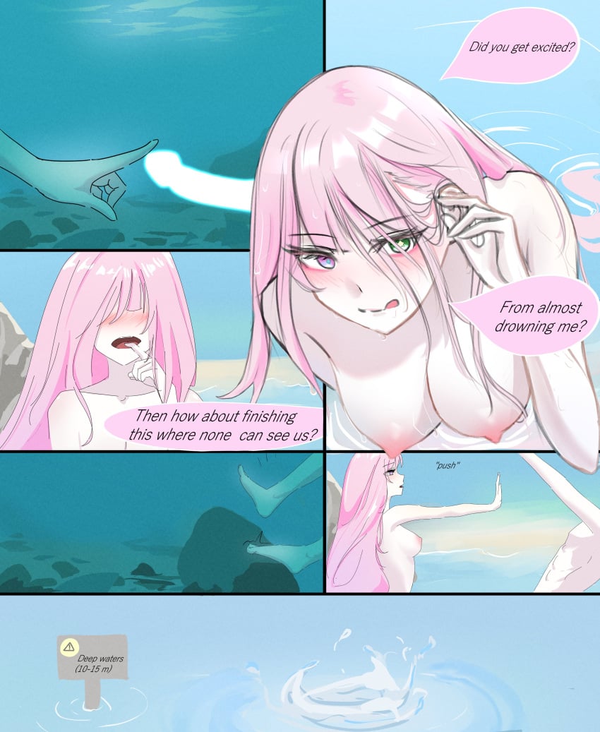 1boy1girl breasts censored_penis marima666_(artist) nipples pink_hair underwater water