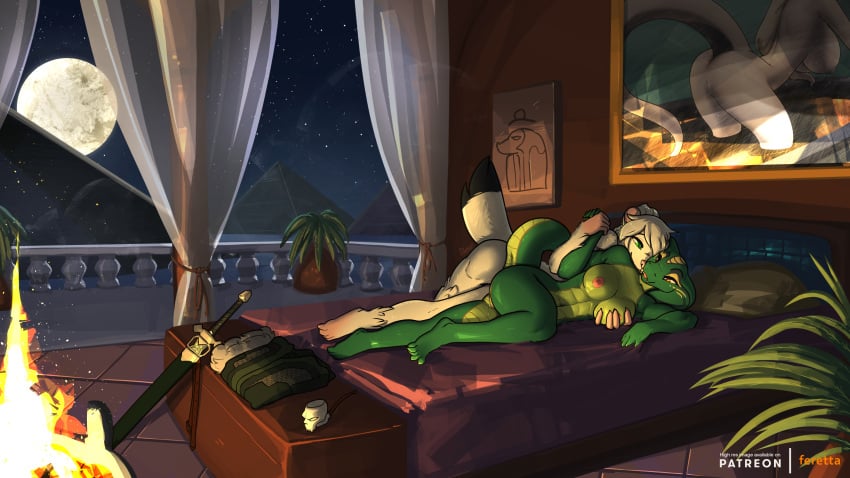 anthro bajkow balcony bed bedroom bodily_fluids breast_grab breasts duo egyptian euriel_(bajkow) female feretta fire fur furniture genital_fluids genitals green_body green_eyes hand_holding hand_on_breast hi_res male mammal melee_weapon mis'alia moon mustelid musteline night nude on_bed plant pussy pyramid reptile scalie scenery snake stoat sword true_musteline vaginal_fluids weapon weasel white_body white_fur yellow_eyes