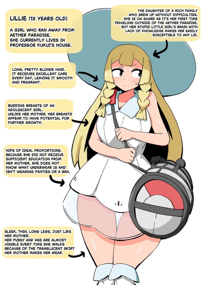 1girls alternate_body_type blonde_hair censored_age censored_text english english_text female game_freak green_eyes human light-skinned_female light_skin lillie_(pokemon) nintendo pokemon pokemon_(game) pokemon_sm solo straight_hair text thighs wide_hips woohyoot