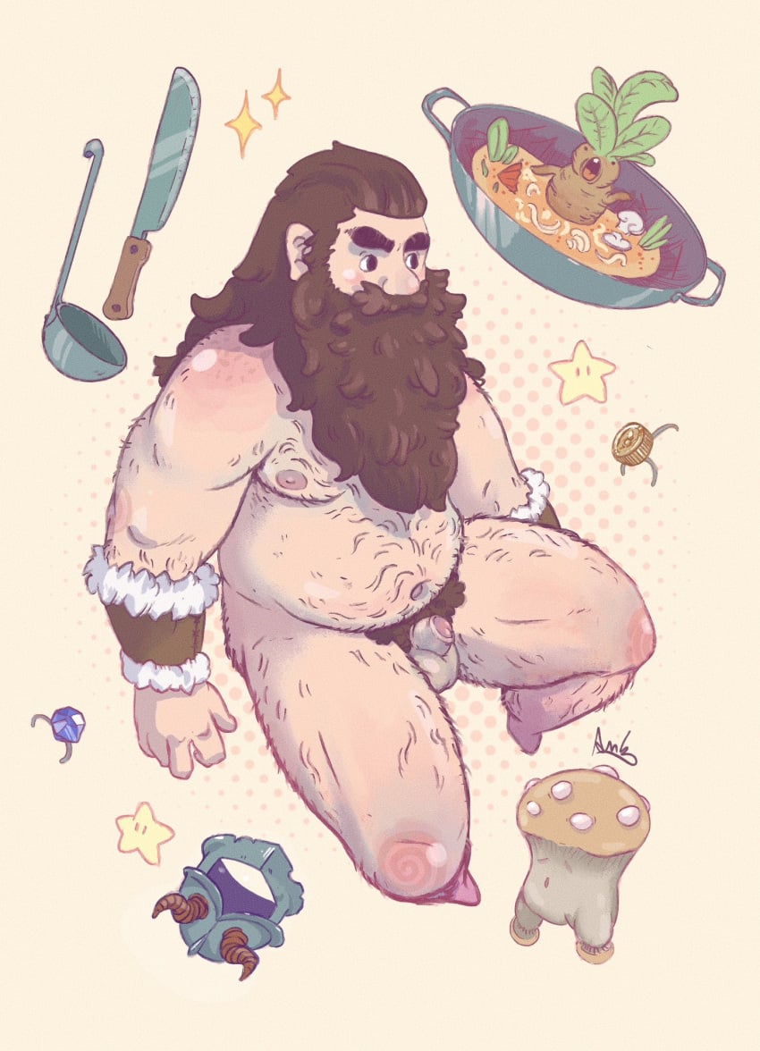 1boy bara beard belly brown_hair completely_nude disarmhope dungeon_meshi dwarf facial_hair fake_horns flaccid full_body hairy helmet highres horned_helmet horns invisible_chair knife long_beard male male_focus male_only male_pubic_hair moustache nude penis plump pubic_hair senshi_(dungeon_meshi) sitting solo sparse_arm_hair sparse_chest_hair sparse_leg_hair sparse_navel_hair stew thick_eyebrows thick_mustache uncensored unworn_headwear unworn_helmet very_long_beard wok