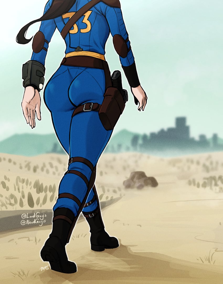 1girls ass ass_focus dark_hair fallout fallout_(series) fallout_(tv_series) female female_only fully_clothed gun head_out_of_frame holster holstered_weapon jumpsuit lordguyis lucy_maclean ponytail solo vault_dweller vault_suit walking