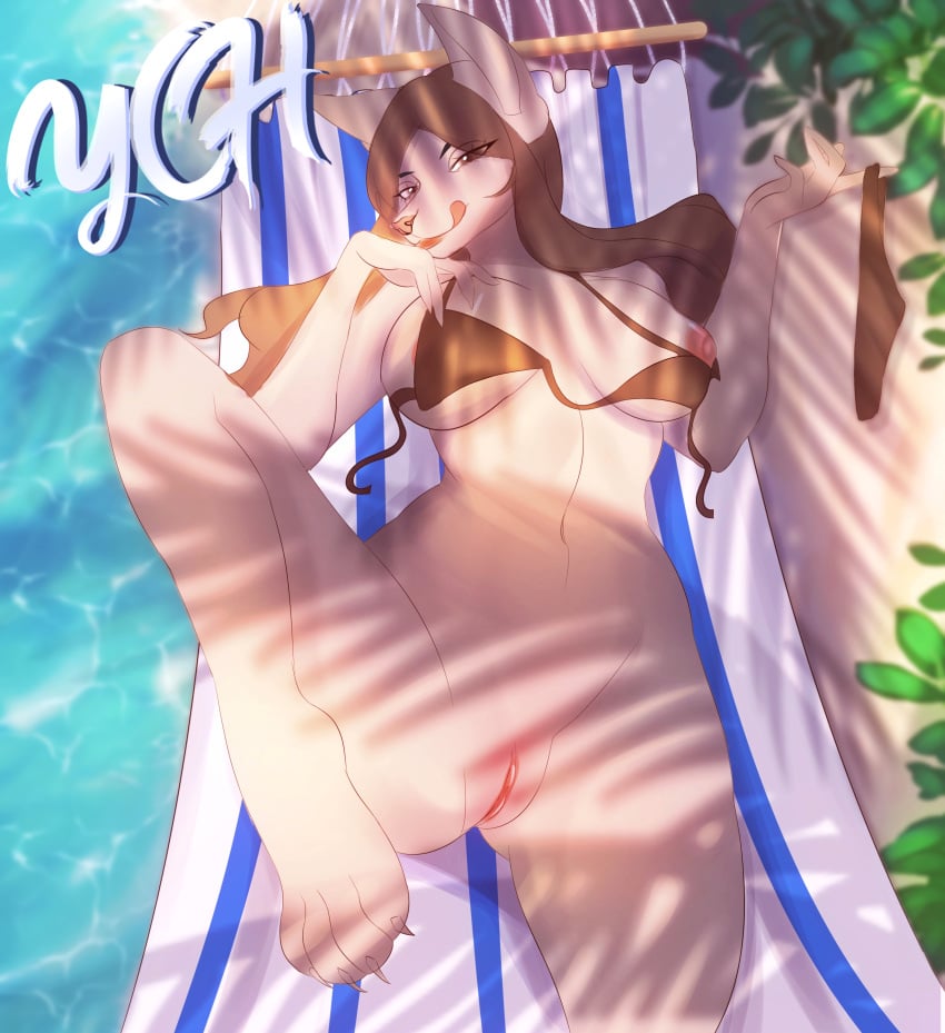 absurd_res anthro aroused beach clothing female genitals hammock hi_res lying_on_a_hammock nipples nude oxygeni palm_tree paws plant playful pussy rest_on_the_sea sand sea solo summer summer_ych swimwear tree water wave ych ych_(character) ych_open