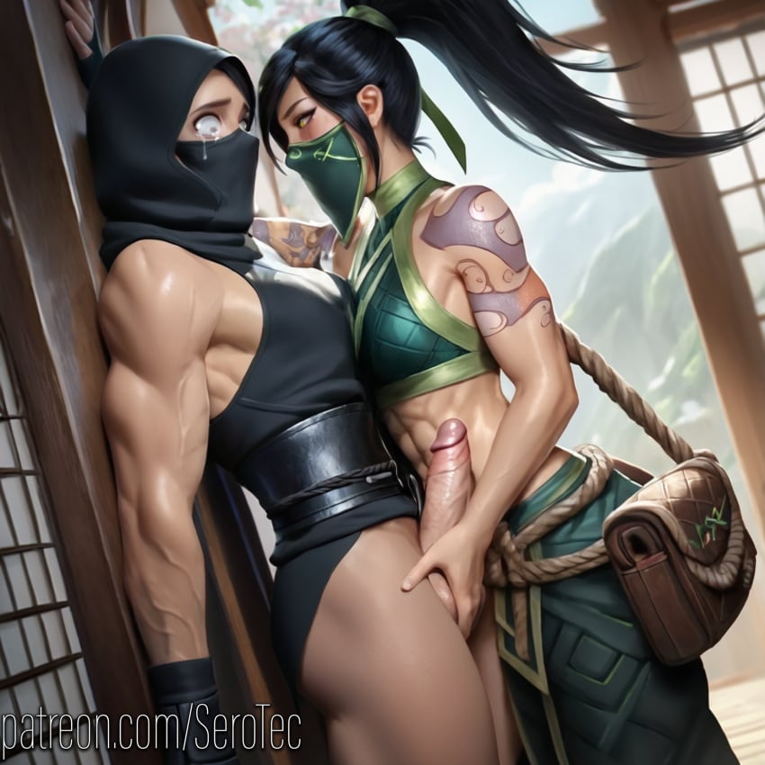 1female 1girls 2d abs ai_generated akali athletic athletic_female balls balls_grab black_hair detailed_female face_mask female femdom fit fit_female girl grabbing_balls hand_on_balls hi_res high_resolution highres league_of_legends mask masked masked_female muscular muscular_female pony_diffusion_xltasy ponytail serotec testicle_grab