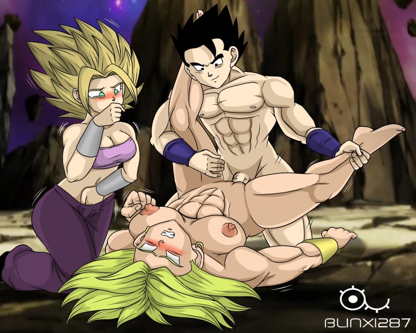 1boy 2girls blinx1287 caulifla dragon_ball dragon_ball_z female kale male multiple_girls sex son_gohan tagme