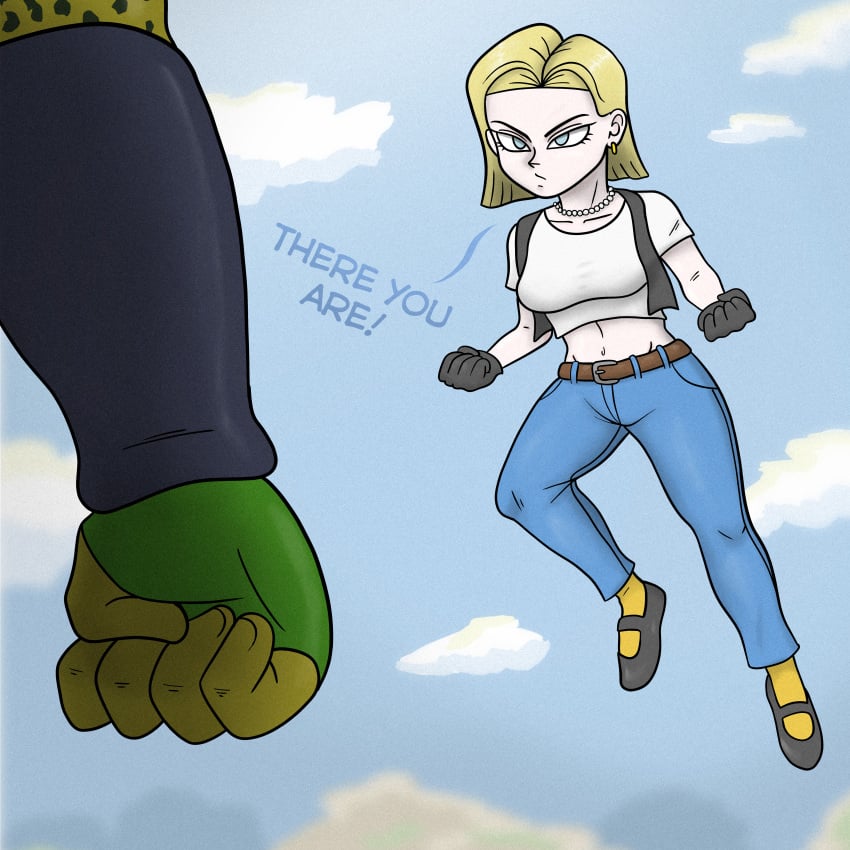 1girl android_18 belt black_flats black_gloves black_vest blonde_hair blue_eyes cell dragon_ball dragon_ball_z female flats gloves jeans midriff necklave short_hair socks tagme white_shirt yellow_socks