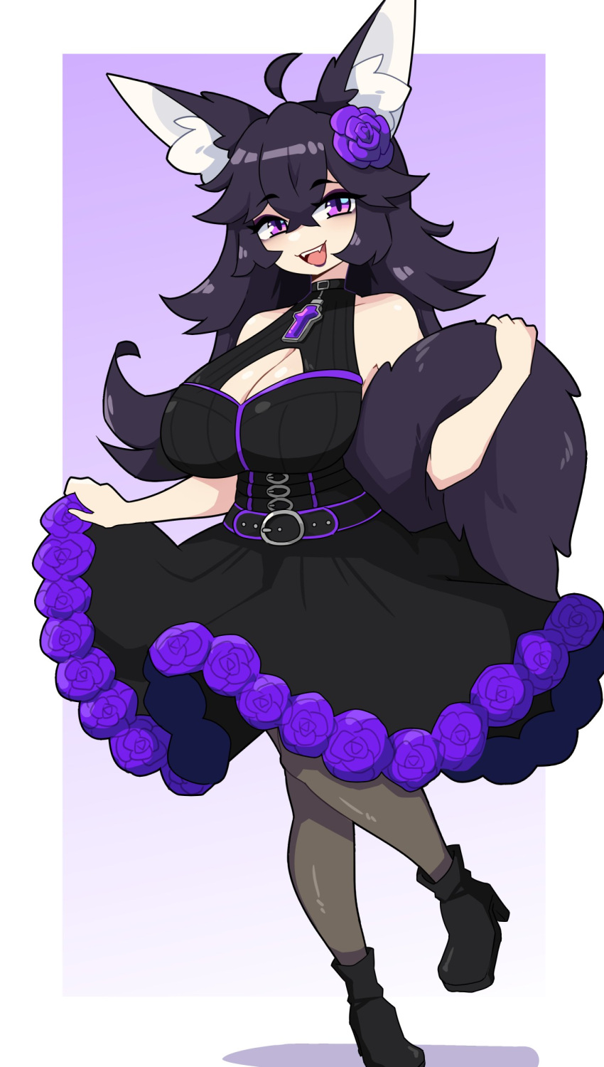 1girls big_breasts black_hair commission dress female female_only fox_ears fox_girl fox_tail heel_boots hi_res holding_tail j5daigada long_hair looking_at_viewer purple_eyes smiling smiling_at_viewer solo tail