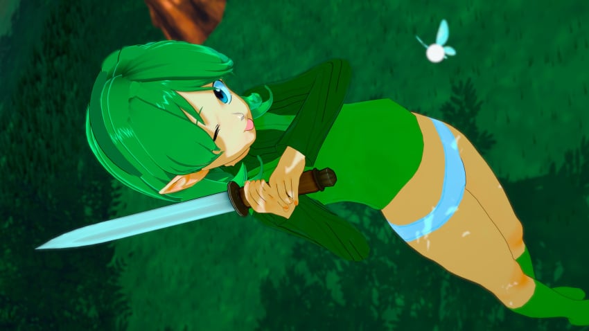 1girls 3d 3d_(artwork) 3d_model elf_ears fairy female female_only green_hair hi_res high_resolution highres holding_sword image_set kaio-sheeen koikatsu kokiri navi nintendo ocarina_of_time panties petite pointed_ears saria solo the_legend_of_zelda tongue_out underwear video_game video_game_character video_game_franchise winking_at_viewer