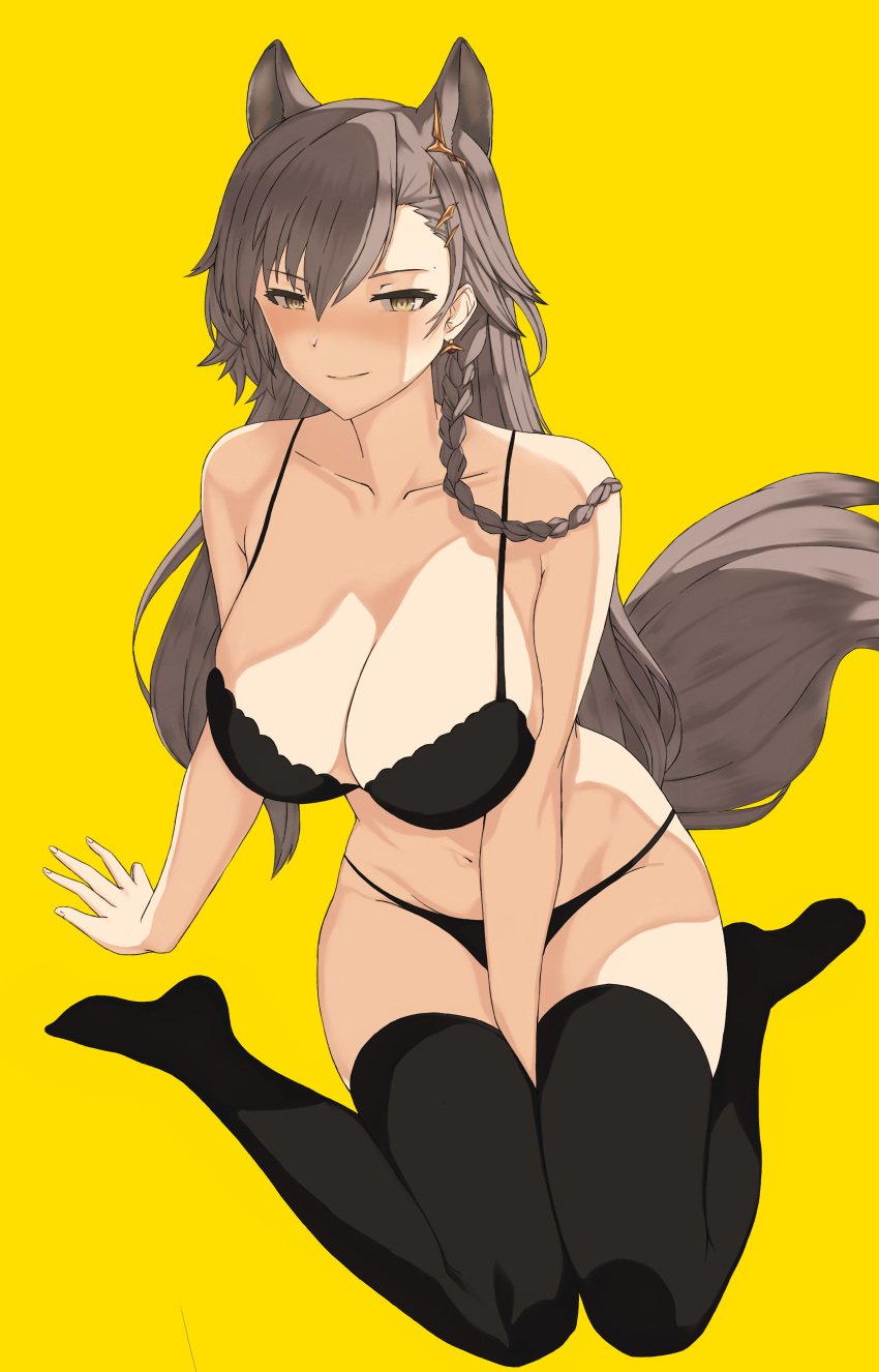 absurdres animal_ears arknights bare_arms bare_shoulders between_legs black_bra black_panties black_thighhighs blush bra braid breasts brown_hair cleavage closed_mouth collarbone earrings extra_ears female full_body hand_between_legs highres jewelry large_breasts long_hair looking_at_viewer navel panties penance_(arknights) side_braid simple_background sitting smile solo sonzai_soumei tail thighhighs underwear very_long_hair wariza wolf_ears wolf_girl wolf_tail yellow_background