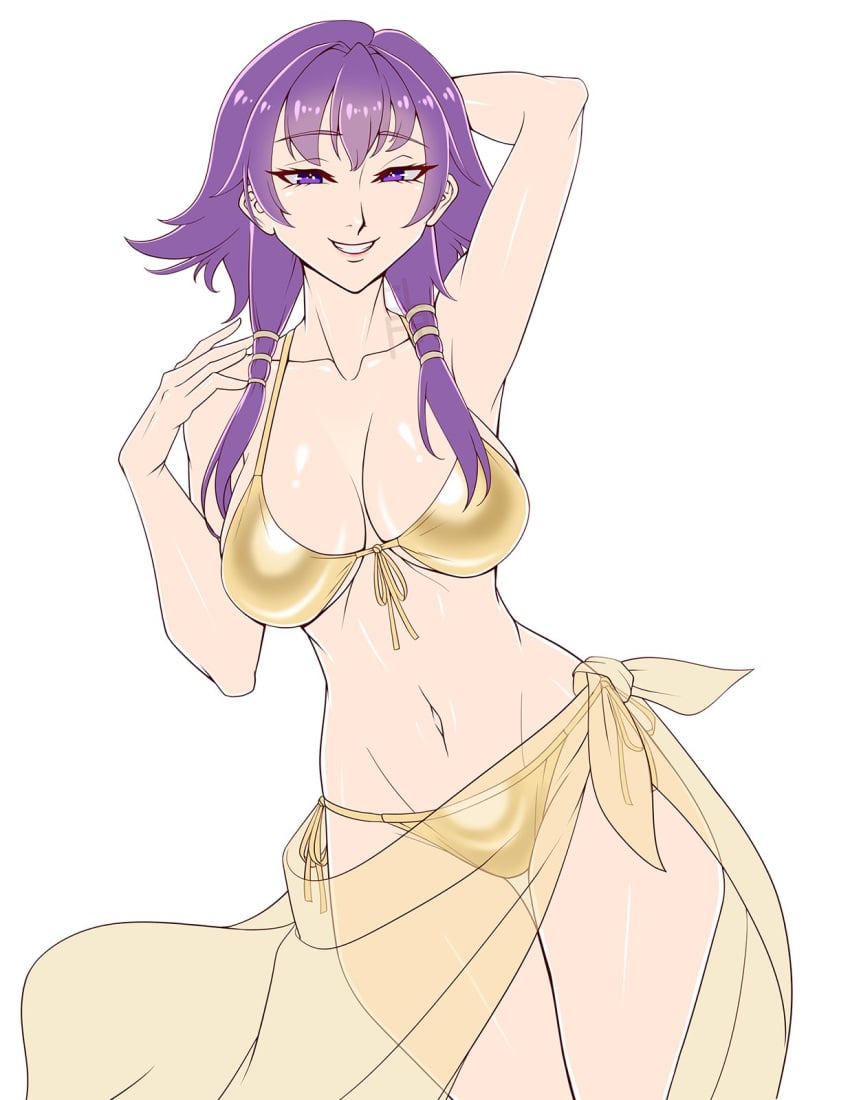 1girls alternate_costume armpits bangs bare_arms bare_midriff bare_shoulders bikini breasts cleru_(cleruuuuu) collarbone female female_only fire_emblem fire_emblem:_three_houses gold_bikini gold_bikini_top gold_swimsuit large_breasts lute_(fire_emblem) midriff navel nintendo purple_eyes purple_hair sarong see-through short_hair shoulders sidelocks solo swimsuit white_background yellow_bikini yellow_swimsuit