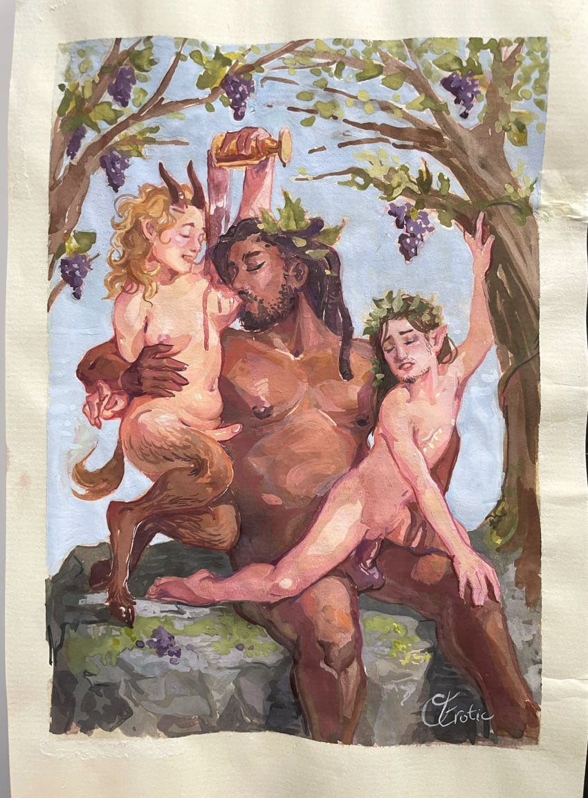 1girl 2boys bisexual bisexual_threesome curly_hair dark-skinned_male deity dionysus dwarf european_mythology female_penetrated femboy greek_mythology half-human kissing_breast male_with_breasts mmf_threesome monster monster_femboy mythology octoerotic public_domain queer threesome