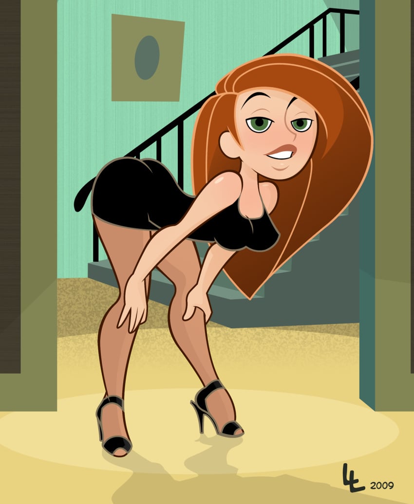 1girls 2009 alternate_breast_size beige_skin bent_over brown_hair bubble_butt clothes color disney dress female female_only female_protagonist green_eyes hair high_heels human indoors kim_possible kimberly_ann_possible leaning_forward levelord little_black_dress lltoon looking_at_viewer medium_breasts pantyhose red_hair redhead round_ears short_dress solo solo_female