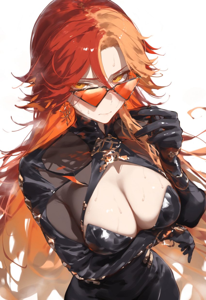 ai_generated big_breasts breasts female female_only genshin_impact long_hair looking_over_eyewear looking_over_glasses looking_over_sunglasses mavuika_(genshin_impact) orange-tinted_eyewear red_hair simple_background solo solo_female solo_focus sunglasses tinted_eyewear