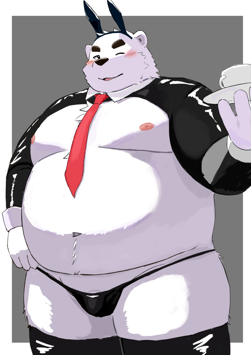 2024 9dtq0 absurd_res anthro barely_visible_genitalia barely_visible_penis bear belly big_belly black_nose blush bulge genitals hi_res humanoid_hands kemono male mammal moobs navel necktie nipples overweight overweight_male penis polar_bear simple_background solo ursine white_body