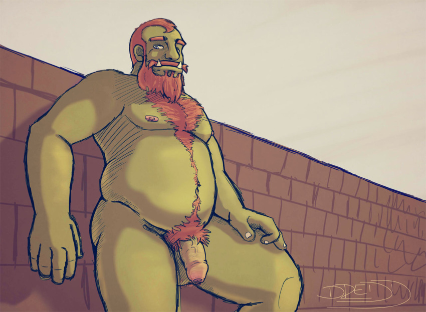 balls bara beard chest_tuft chubby dredd_(artist) facial_hair flaccid hairy happy_trail humanoid_penis looking_at_viewer male male_only muscles nude orc penis pubes solo tuft uncut