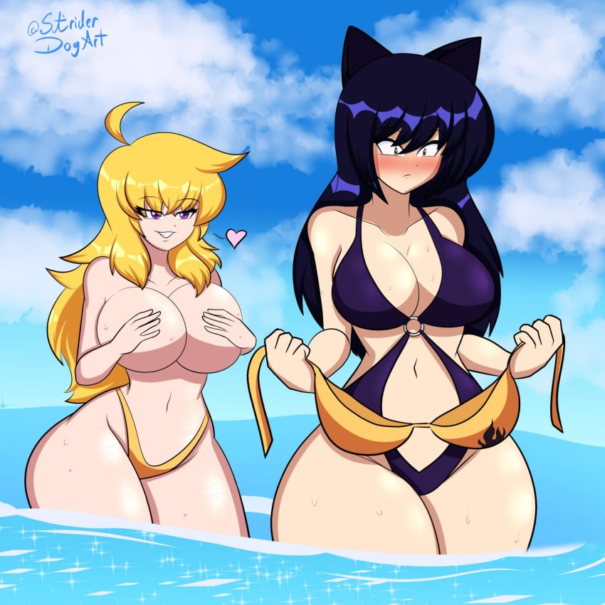 1:1 2girls accidental_exposure ahoge animal_ears bikini bikini_malfunction black_hair blake_belladonna blonde_hair blush blushing breasts canon_couple cat_ears catgirl covered_nipples covering_breasts faunus female female_only handbra holding_bikini_top imminent_yuri kemonomimi light-skinned_female long_hair navel ocean one-piece_swimsuit outdoors outside purple_eyes purple_swimsuit rwby stomach striderdogart topless wardrobe_malfunction yang_xiao_long yellow_bikini yellow_eyes yuri