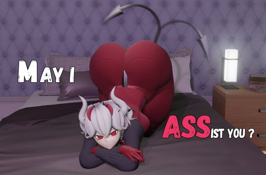 3d 3d_(artwork) 3d_artwork 3d_model 3d_render bed bedroom beelzebub_(helltaker) big_ass big_butt clothed clothing demon demon_girl demon_horns demon_tail helltaker helltaker_(character) huge_ass huge_butt kein_wal large_ass red_eyes seductive seductive_body seductive_eyes seductive_look seductive_pose seductive_smile smug smug_face smug_grin smug_smile tagme text white_hair