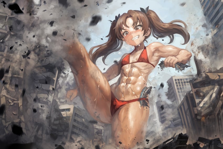 1girls abs brown_eyes brown_hair building city city_destruction destruction flat_chest giantess girls_und_panzer kadotani_anzu kicking muscular muscular_female smile sweat sweaty thighs twintails vehicle vehicle_destruction yilx