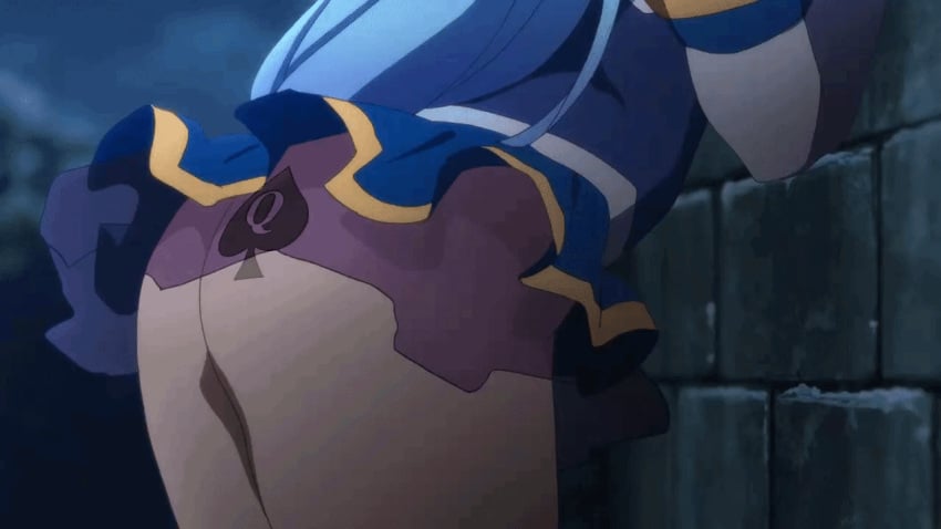 1girls animated aqua_(konosuba) aqua_hair ass ass_focus blacked butt_focus edited female female_only gif kono_subarashii_sekai_ni_shukufuku_wo! no_panties official_art official_copyright outdoor petite queen_of_spades round_ass screencap solo solo_female twerking