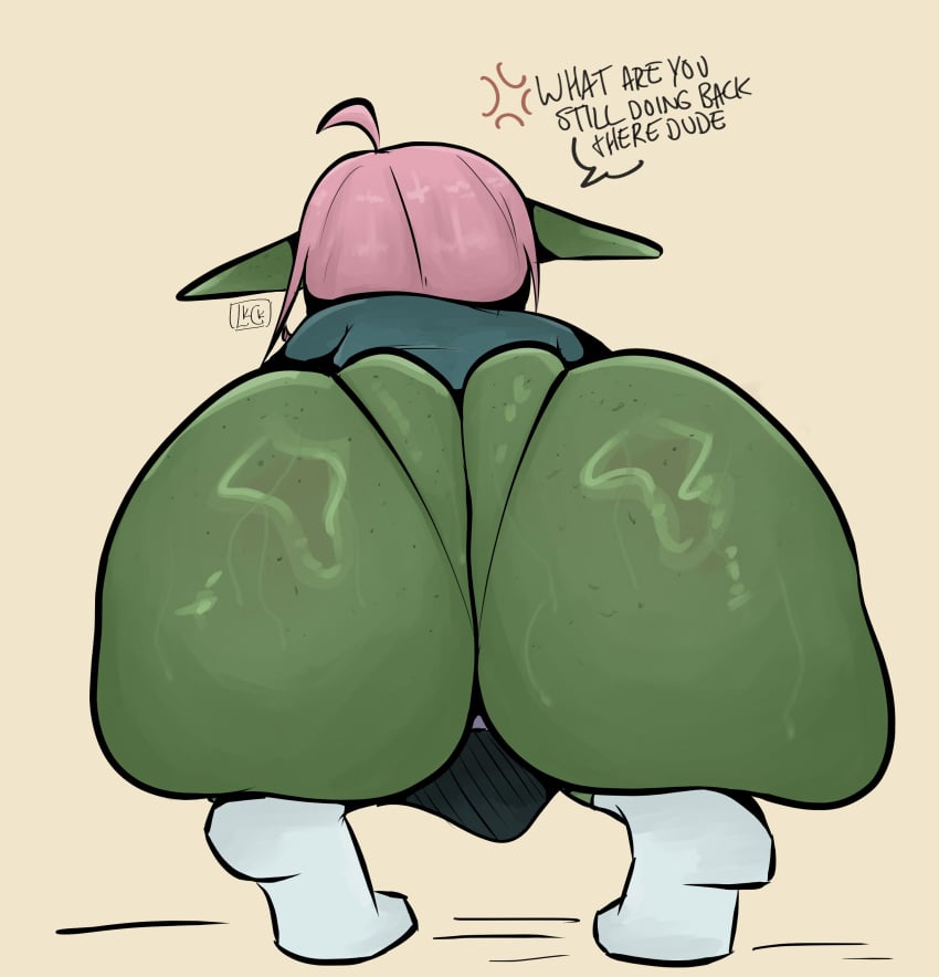 ass ass_focus back_of_head back_view english_text from_behind from_behind_position goblin_female leekcheek long_ears original original_character panties pink_hair pov squatting string_panties sweaty_ass sweaty_butt talking_to_viewer thick_ass tight_clothing