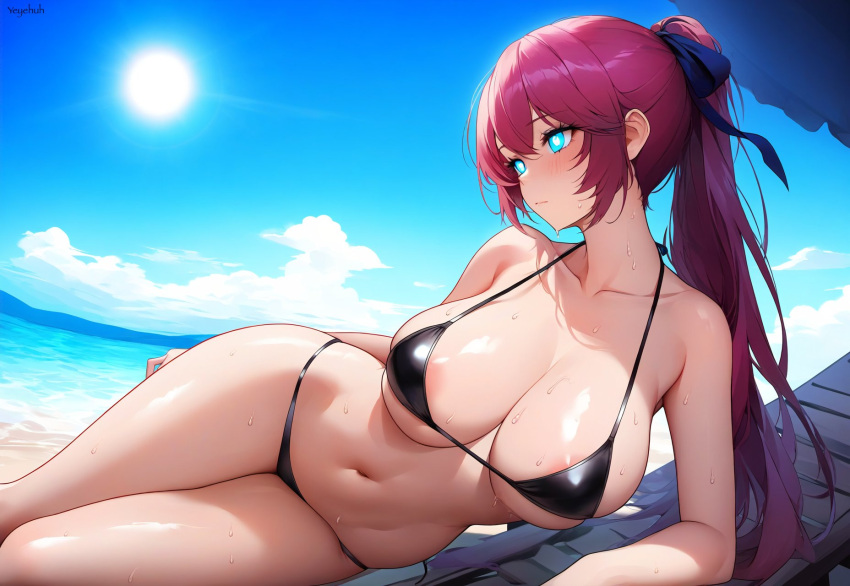 1girls ai_generated bare_arms bare_legs bare_shoulders bare_thighs beach beach_chair bikini black_bikini blue_eyes blue_ribbon blush cleavage clouds covered_nipples eyelashes glowing_eyes large_breasts legs long long_hair lying lying_on_side nipples original original_character ponytail purple_hair red_hair ribbon sand sea shiny_skin sun sunbathing sweat sweatdrop sweating thighs water yeyehuh