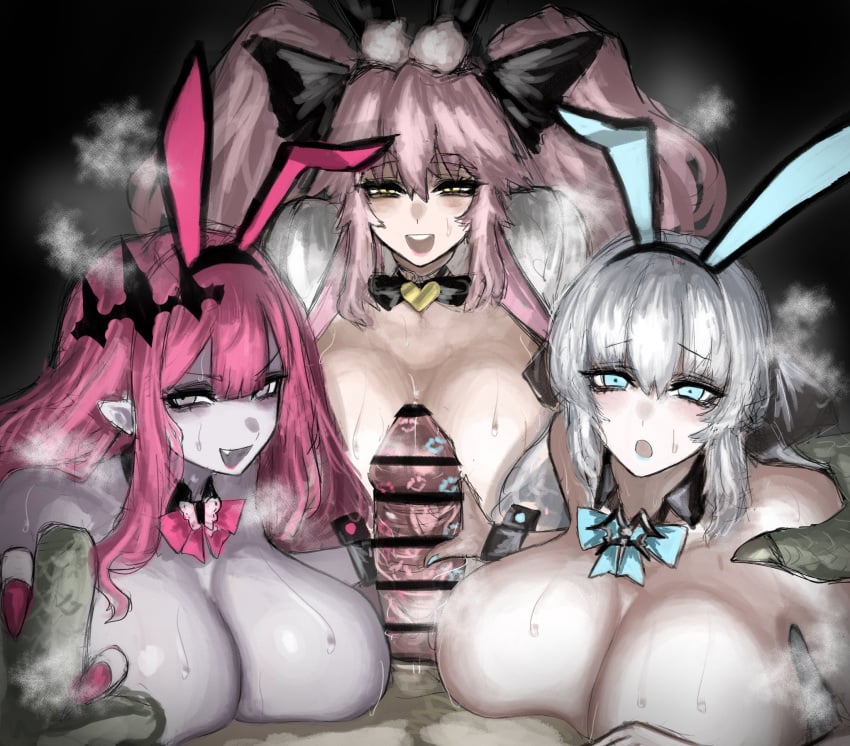 1boy 3girls areola ass baobhan_sith_(fate) big_areola big_ass big_breasts big_nipples big_penis big_thighs blue_eyes blush breasts bunny_ears bunnysuit fate/grand_order fate_(series) female gigantic_breasts huge_areola huge_ass huge_breasts huge_cock huge_nipples huge_thighs imminent_sex kiss_mark kiss_mark_on_penis kissing kissing_penis koyanskaya_(assassin) koyanskaya_(fate) looking_at_partner maabo_harusame male morgan_le_fay_(fate) nipples penis pink_hair purple_eyes sweat sweatdrop sweating tagme thick_hips thick_thighs thighs white_hair yellow_eyes