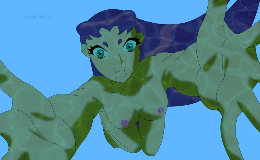 1girls arthur4272 breasts dc_comics female holding_breath koriand&#039;r medium_breasts naked nipples nude puffed_cheeks skinny_dipping solo starfire swimming teen_titans underwater water