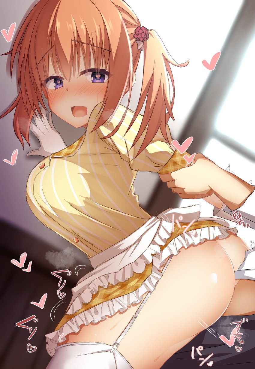 1boy :d absurdres apron ass blush breasts breath cafe_stella_to_shinigami_no_chou clothed_sex clothes_lift commentary_request dutch_angle eyes_visible_through_hair female frilled_apron frilled_skirt frills from_side garter_straps gloves grabbing_another's_arm grabbing_from_behind hair_between_eyes hand_on_wall heart heart-shaped_pupils highres indoors large_breasts long_hair looking_at_viewer makochan42 motion_lines no_panties nose_blush open_mouth orange_hair paid_reward_available plaid_clothes plaid_skirt puffy_short_sleeves puffy_sleeves purple_eyes raised_eyebrows sex sex_from_behind shirt short_sleeves skirt skirt_lift smile solo_focus sound_effects standing standing_sex straight sumizome_nozomi sweat symbol-shaped_pupils thighhighs tsurime twintails waist_apron waitress white_apron white_gloves white_thighhighs yellow_shirt yellow_skirt