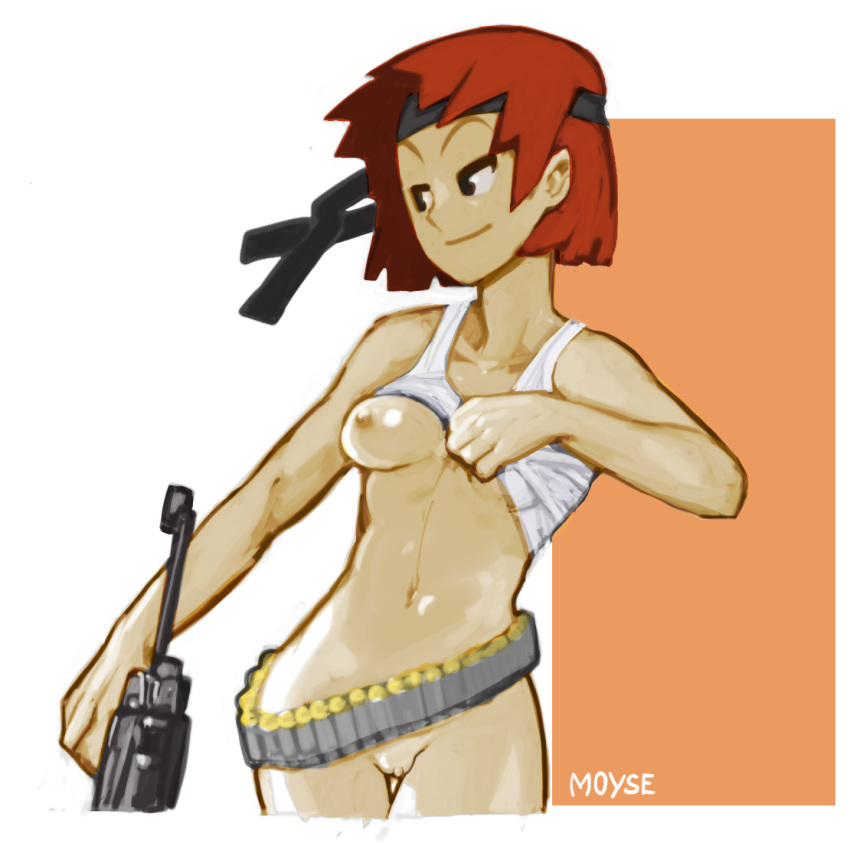 1girls advance_wars areola artist_name bandana breasts female gun looking_to_the_side moyse red_hair sami shirt_lift solo