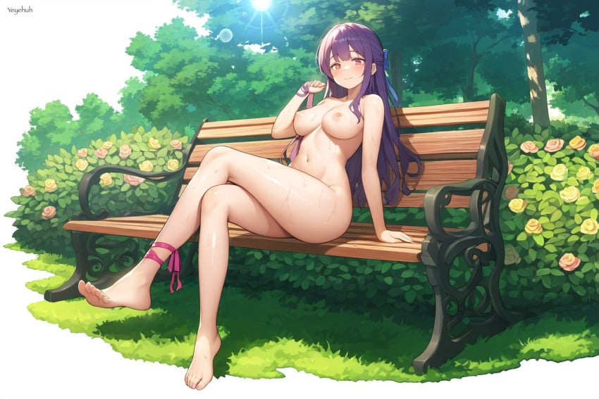 1girls ai_generated ankle_ribbon bare_arms bare_legs bare_shoulders bare_thighs barefoot bench blush cleavage crossed_legs feet female flora_fauna flower full_body garden hair_ribbon legs long_hair long_legs looking_at_viewer medium_breasts naked naked_female nipples nude nude_female original original_character park park_bench purple_eyes purple_hair ribbon shiny_skin solo sun sunbathing sweat sweatdrop sweating thighs tree yeyehuh