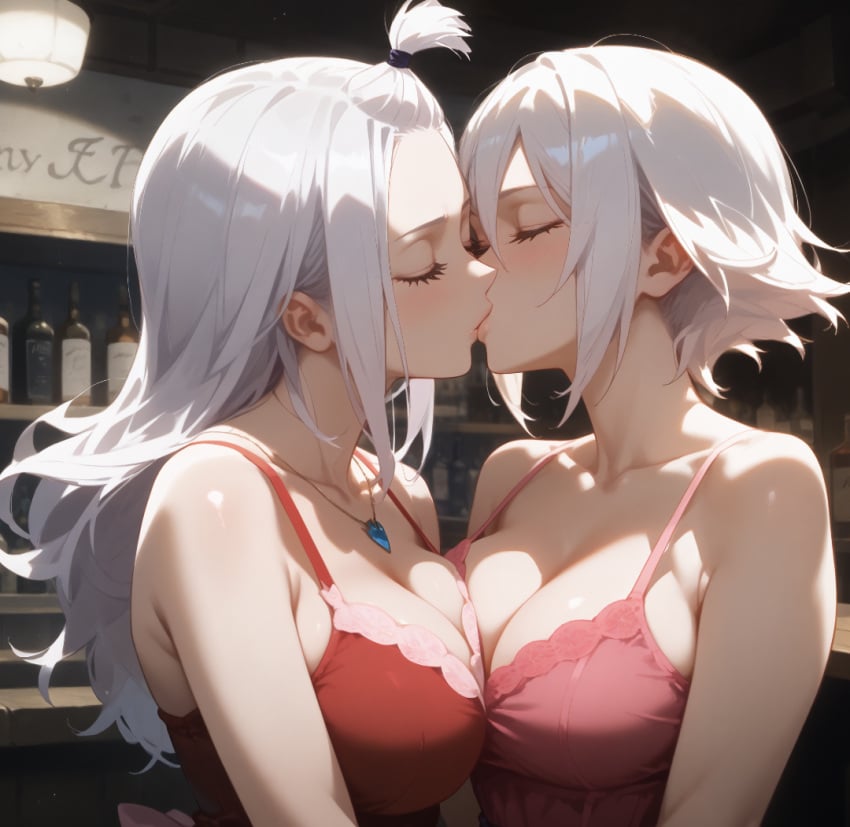 ai_generated breast_press cleavage closed_eyes fairy_tail fully_clothed incest kissing large_breasts lisanna_strauss long_hair mirajane_strauss short_hair sisters white_hair yuri