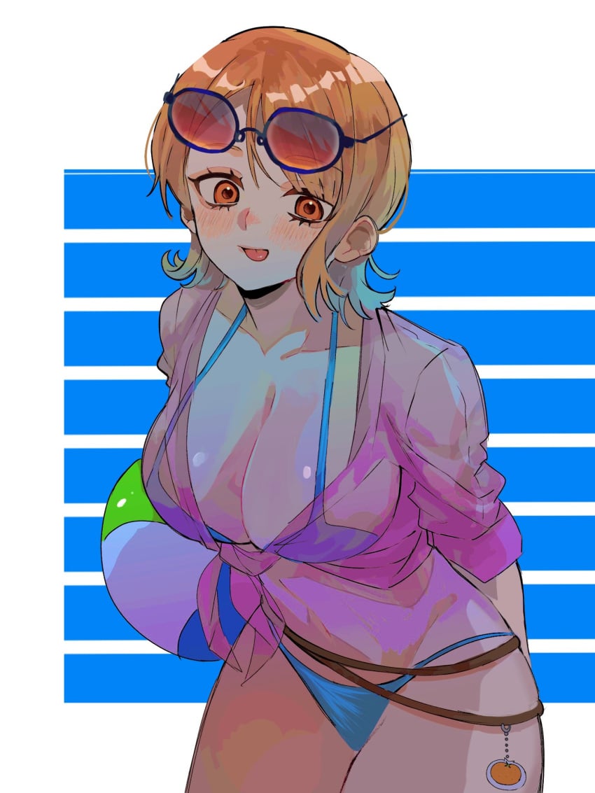 1girls bakakokithakan beach_ball big_breasts bikini breasts cleavage cropped_shirt female female_only nami nami_(classic) one_piece pre-timeskip see-through see-through_clothing see-through_shirt shirt short_hair solo sunglasses sunglasses_on_head swimsuit tied_shirt