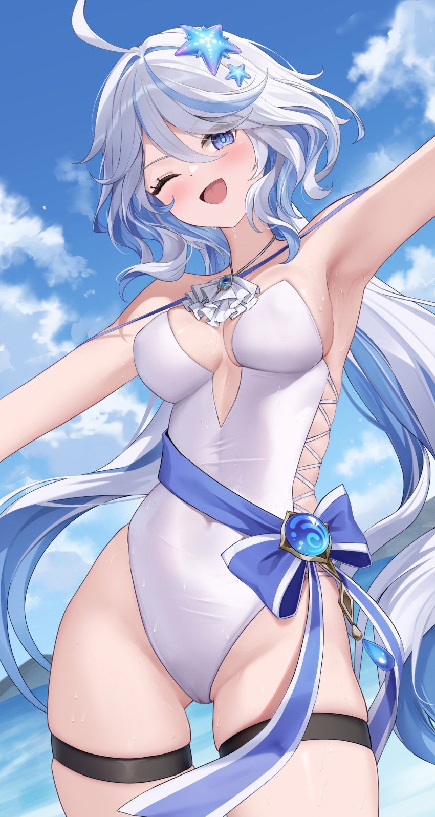 1girls 2d 2d_(artwork) alternate_costume blue_eyes blue_hair cameltoe clouds day female female_focus female_only front_view furina_(genshin_impact) genshin_impact high_resolution highres light-skinned_female light_skin long_hair looking_at_viewer lunacle medium_breasts ocean one_eye_closed one_piece_swimsuit outdoors sky slim_girl smiling smiling_at_viewer solo solo_female solo_focus standing summer swimsuit tight_clothing two_tone_hair vision_(genshin_impact) water wet wet_body white_hair white_swimsuit young younger_female