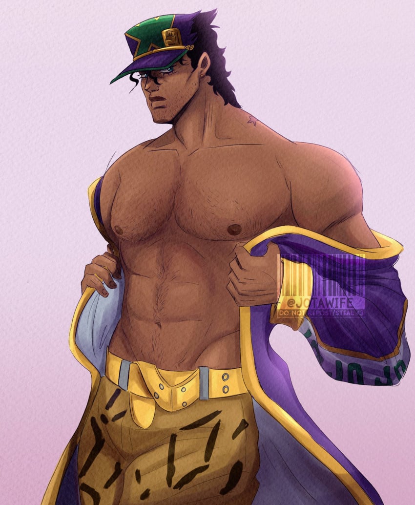 1boy dilf j0tawife joestar_birthmark jojo's_bizarre_adventure jotaro_kujo male male_only muscular_male solo stone_ocean undressing