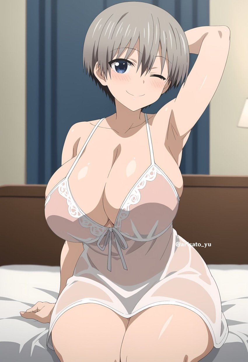 ai_generated arisato_yu bare_legs blue_eyes blush breasts_bigger_than_head camisole curvaceous curvy_female gigantic_breasts grey_hair huge_breasts huge_thighs light-skinned_female light_skin looking_at_viewer massive_breasts one_eye_closed short_hair shortstack smiling solo_female thick_thighs thighs uzaki-chan_wa_asobitai! uzaki_hana voluptuous voluptuous_female