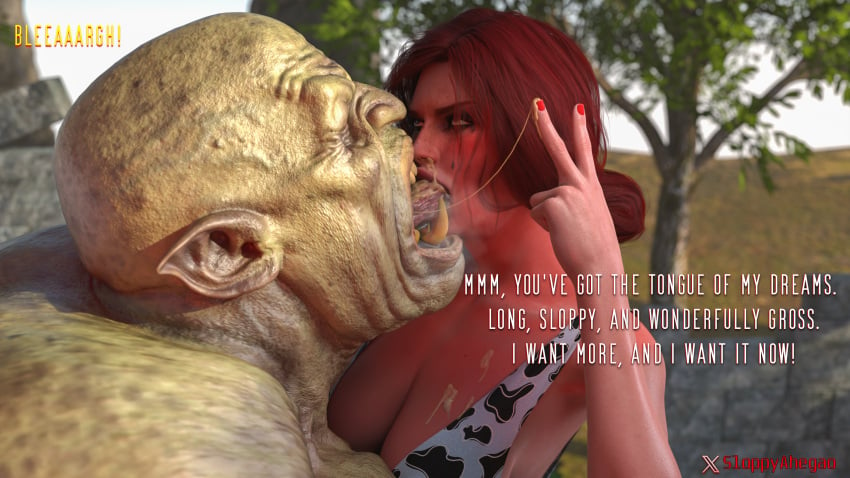 3d 3d_(artwork) 3d_render 3dx ahe_gao ahegao_face ass_focus big_ass big_butt drool drooling drooling_tongue extreme_french_kiss face_lick face_licking french_kiss french_kissing kissing licking monster ogre sloppyahegao spit the_witcher_(series) the_witcher_3:_wild_hunt triss_merigold