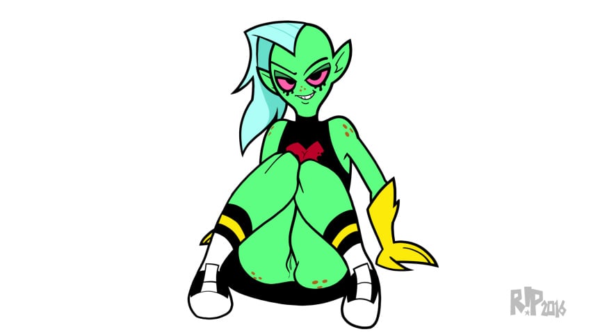 2016 alien alien_humanoid artist_name bottomwear breasts clothed clothing disney female footwear freckles genitals gloves green_body green_skin hair handwear hi_res humanoid long_hair looking_at_viewer lord_dominator midriff noseless not_furry pink_sclera pussy r!p shoes simple_background teeth topwear wander_over_yonder white_background white_hair