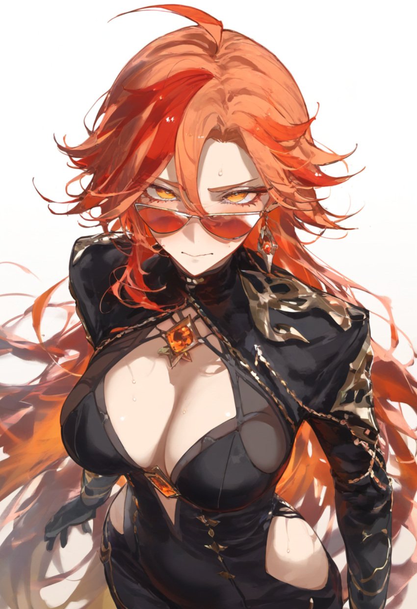 ai_generated big_breasts breasts female female_only genshin_impact long_hair looking_over_eyewear looking_over_glasses looking_over_sunglasses mavuika_(genshin_impact) red-tinted_eyewear red_hair simple_background solo solo_female solo_focus sunglasses tinted_eyewear