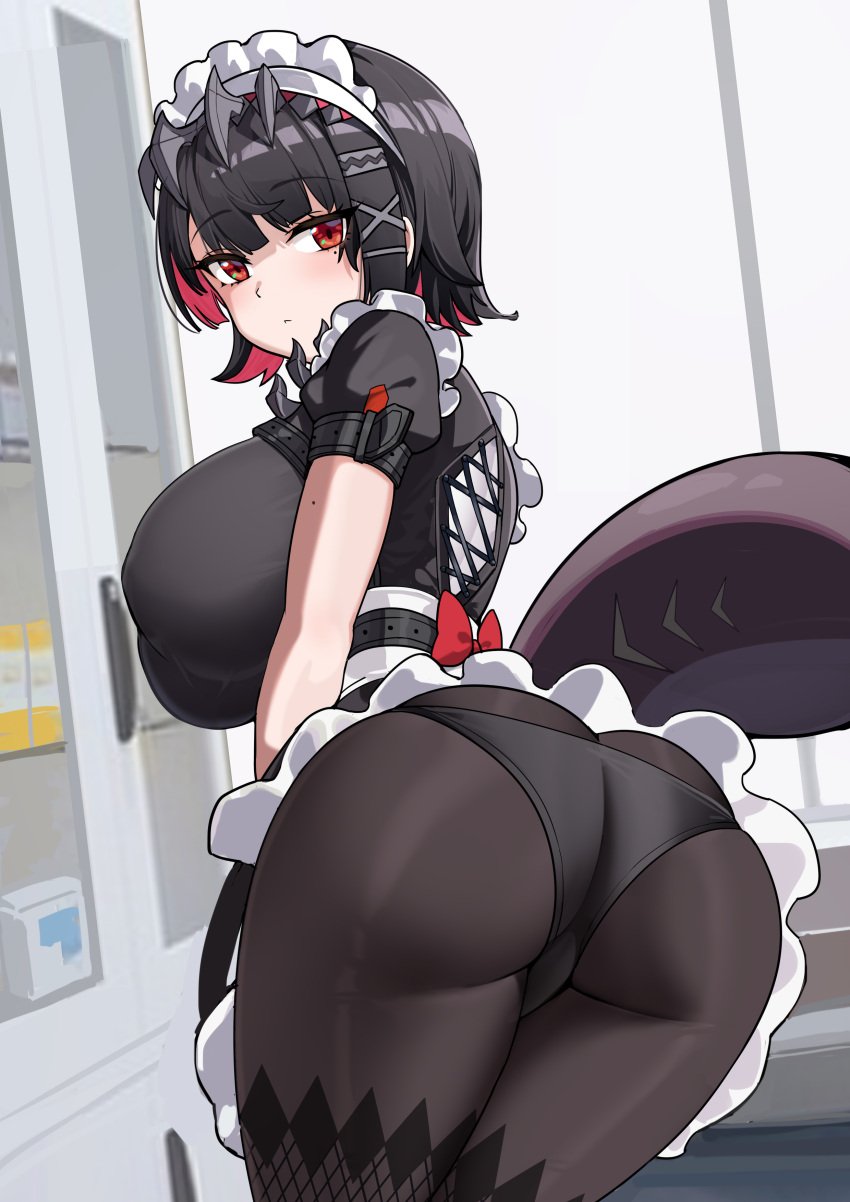 absurdres ass black_dress black_hair black_panties black_pantyhose bow breasts cowboy_shot dishui_tangni dress ellen_joe female highres huge_breasts looking_at_viewer maid maid_headdress mole mole_under_eye panties pantyhose red_bow red_eyes revision short_hair solo standing tail thighs underwear victoria_housekeeping zenless_zone_zero