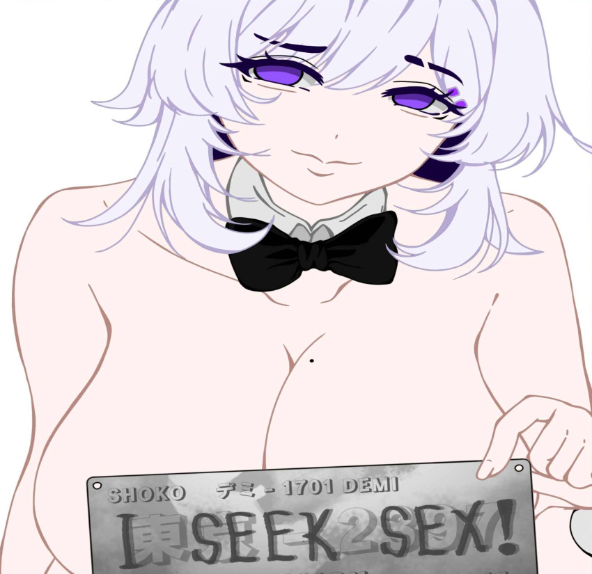 1girls big_breasts birthmark bow_tie demi_(artist) female female_only huge_breasts meme original original_character purple_eyes smile solo solo_female text white_background white_hair white_skin