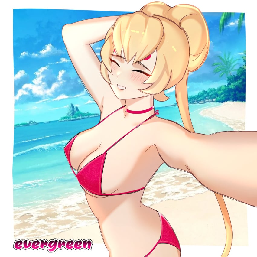 beach bikini brawl_stars charlie_(brawl_stars) choker closed evergreen evergreen_(artist) eyelashes eyes hair holding_camera light-skinned_female makeup nature_background red_bikini summer yellow