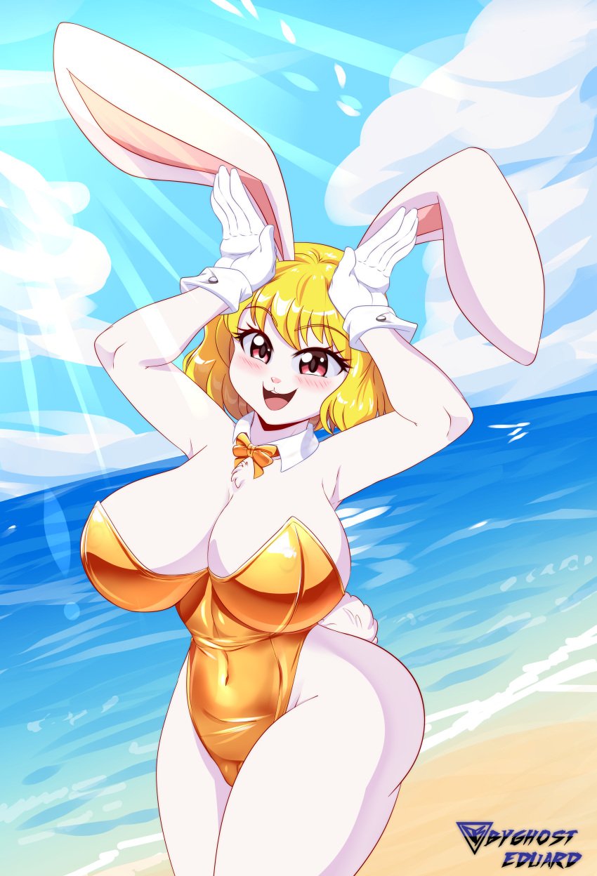 1girls absurd_res anime_eyes anime_style anthro big_breasts blonde_hair bowtie breasts bunny_ears bunny_girl bunny_tail bunnysuit byghosteduard carrot_(one_piece) chest_tuft clothing collar cute_expression female female_only furry furry_ears furry_female furry_only gloves hair handwear happy hi_res lagomorph leporid looking_at_viewer mammal minkmen_(one_piece) one_piece orange_eyes rabbit short_hair sky smile smiling_at_viewer solo solo_female tail thighs white_body