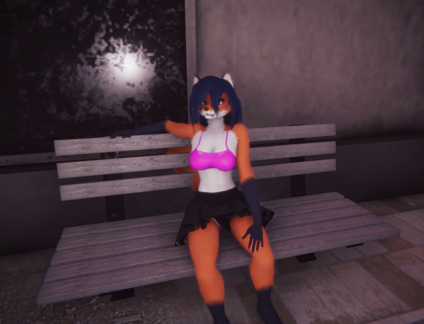 3d_(artwork) anonymous_artist anthro barely_visible_genitalia barely_visible_pussy bench black_bottomwear black_clothing black_skirt blue_hair bottomwear canid canine clothing crop_top digital_media_(artwork) enhibitionism female fluffy fox frito_fox fur genitals hair looking_at_viewer mammal masturbation night on_bench orange_body penetration pink_clothing pink_shirt pink_topwear public pussy sex_toy shirt sitting skirt smile solo topwear vaginal_penetration vibrator white_body