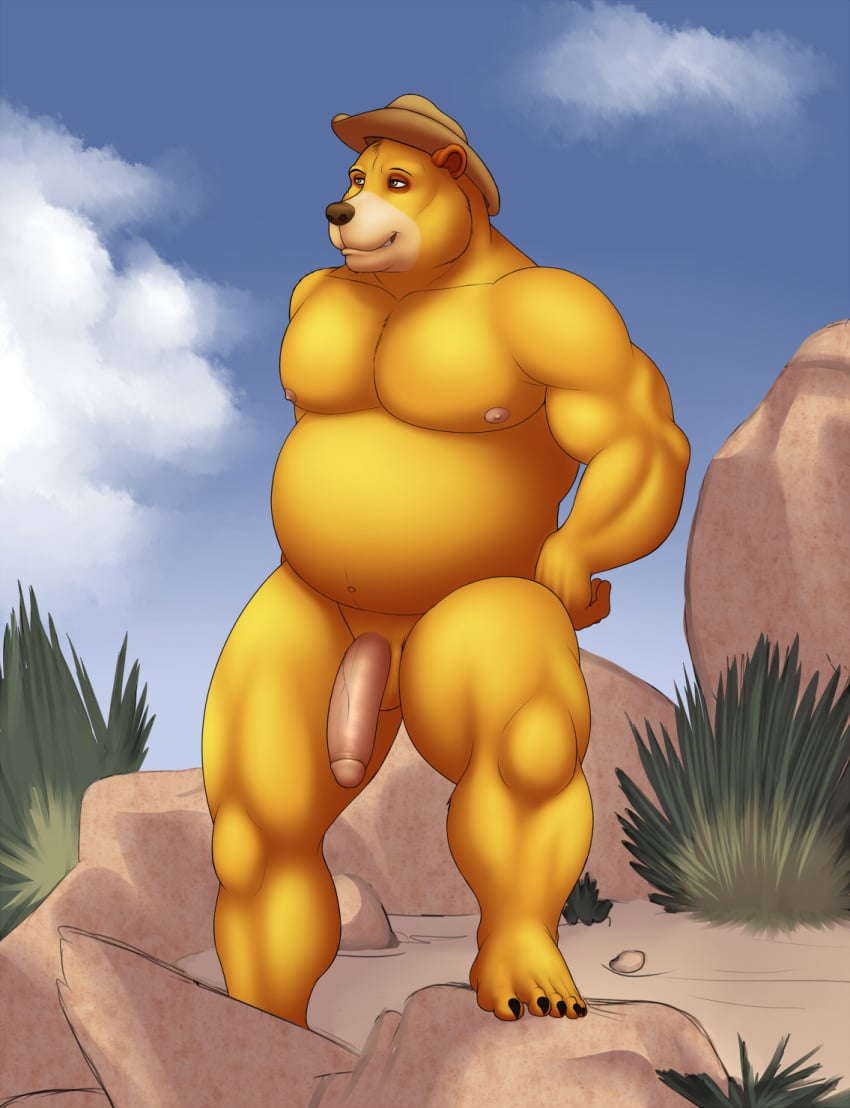 2013 5_toes anthro balls bear biceps big_muscles brown_eyes brown_nose chubby clouds color cowboy_hat day fur half-erect hat hyenafur male male_only musclegut muscles nude orange_fur outdoors penis rock sky smile solo standing toes vamplust vein