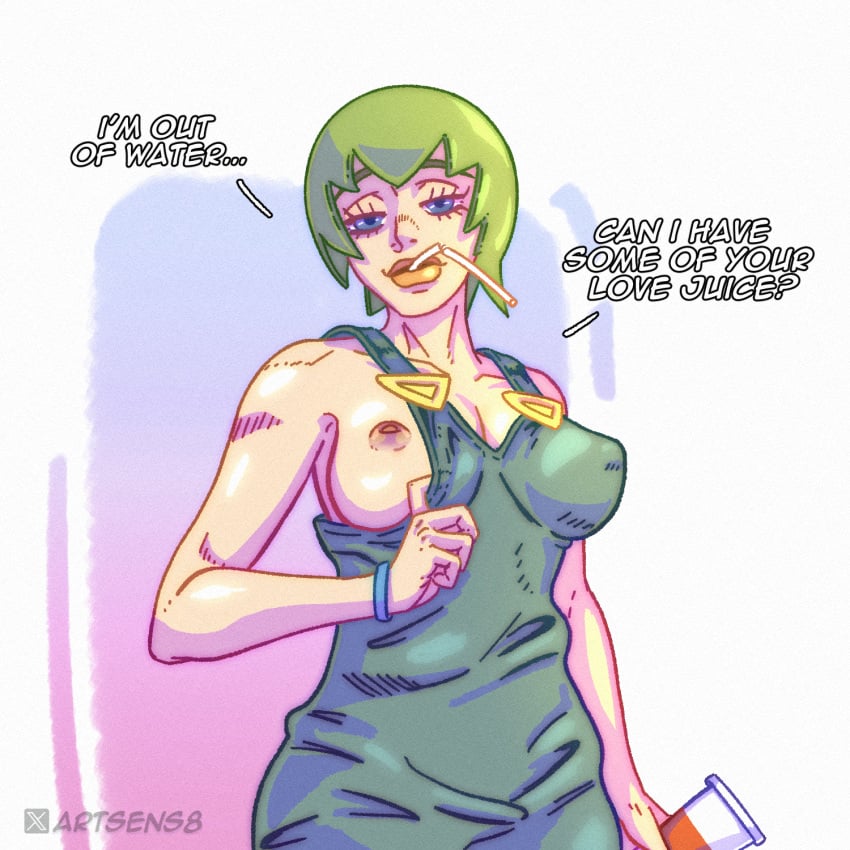 1girls artsens8 blue_eyes breasts clothing drink drinking_straw english_text female female_only foo_fighters green_hair jojo's_bizarre_adventure large_breasts light-skinned_female light_skin looking_at_viewer meme naked_overalls nipples no_bra overalls seductive short_hair shounen_jump showing_off solo stone_ocean