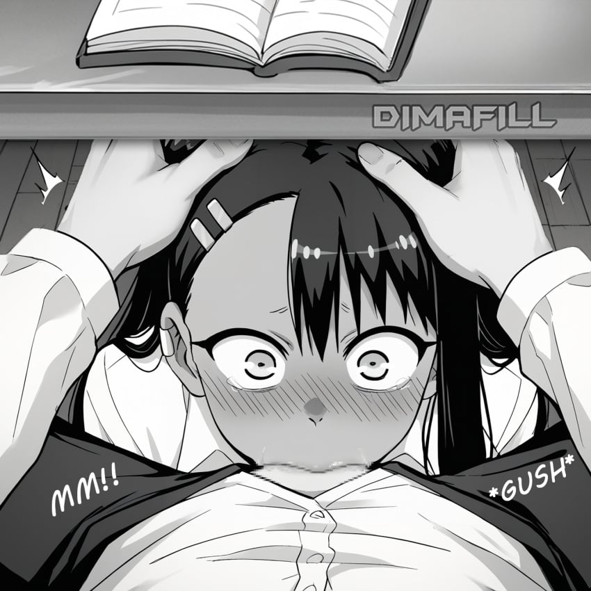 1boy 1girls ai_generated black_hair blowjob blowjob_face blowjob_only blush deepthroat dimafill fellatio female hayase_nagatoro human irrumatio long_hair male monochrome please_don't_bully_me,_nagatoro pov school_uniform tanned under_the_table