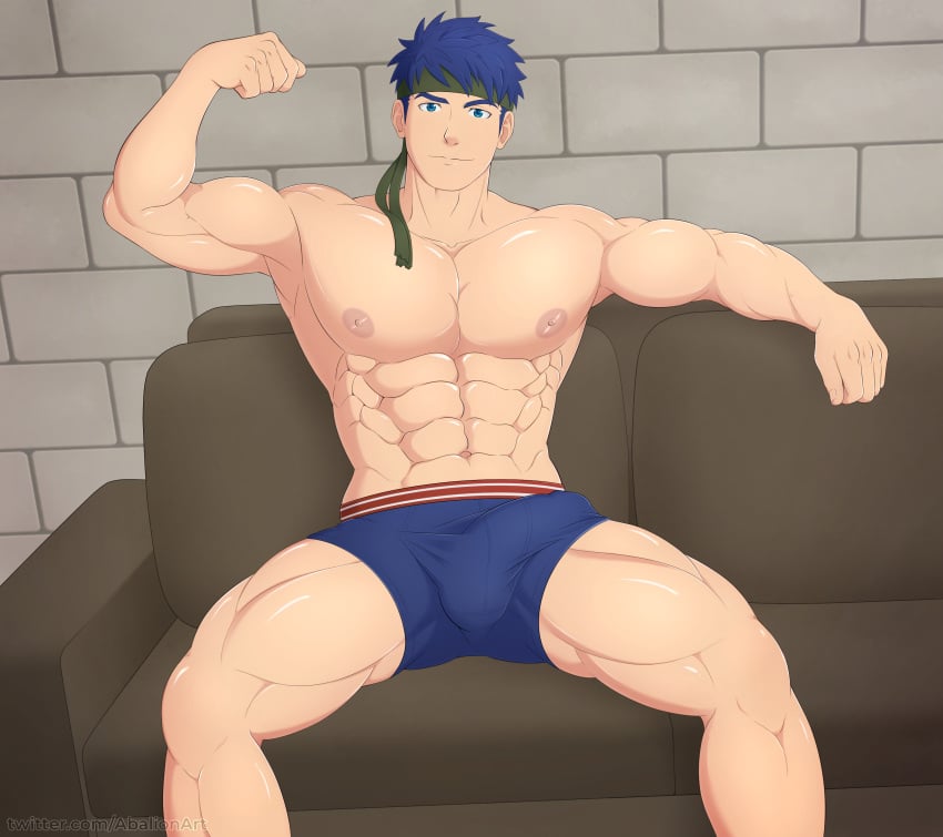 1boy abalionart abs absurdres armpits bara biceps big_nipples blue_eyes blue_hair blue_male_underwear boxer_briefs bulge closed_mouth couch covered_penis covered_testicles fire_emblem fire_emblem:_radiant_dawn flexing gay green_headband headband highres ike_(fire_emblem) indoors large_areolae large_pectorals looking_at_viewer male male_only male_underwear muscular muscular_male navel nipples on_couch pectorals shiny_skin sitting solo thick_thighs thighs twitter_username underwear underwear_only