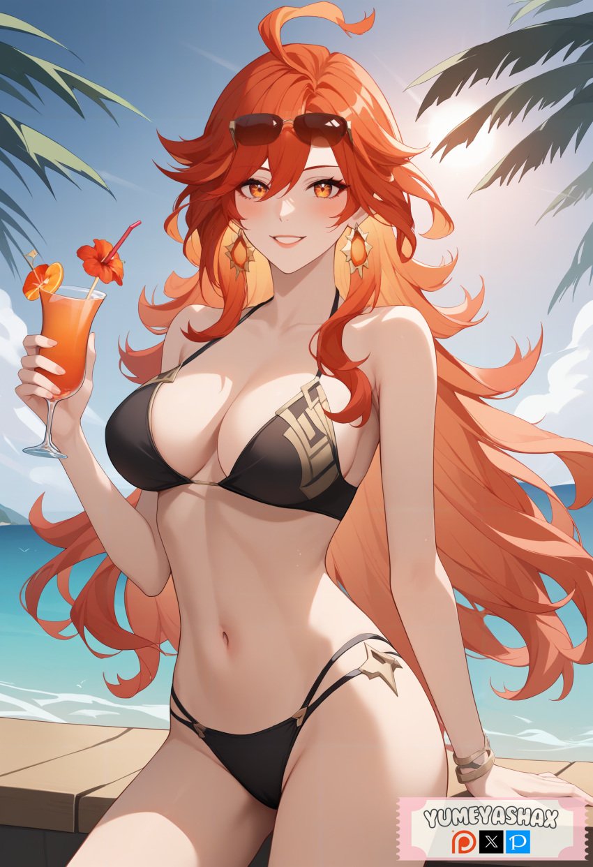 1girls ai_generated beach belly belly_button big_breasts bikini bikini_top black_bikini breasts exposed_belly exposed_belly_button female female_only genshin_impact happy hoyoverse light-skinned_female light_skin long_hair mavuika_(genshin_impact) mihoyo mihoyo_technology_(shanghai)_co._ltd. red_eyes red_hair solo standing thick_thighs thighs